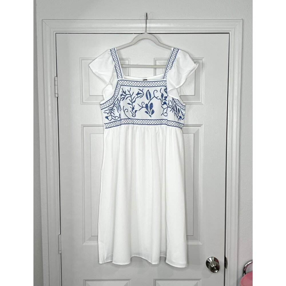 Square Neck Embroidered Dress with Ruffle Sleeves - Picture 3 of 9